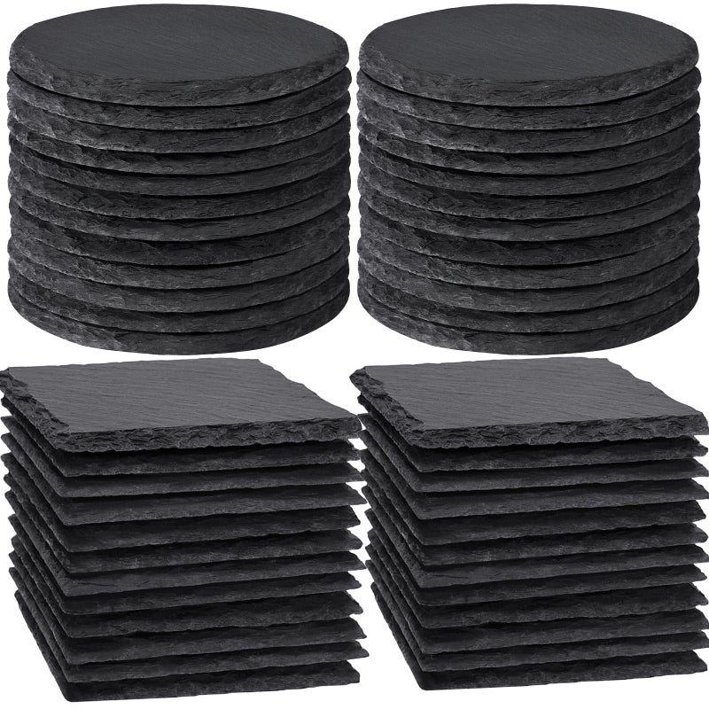 MAPRIAL 36 PCS Slate Coasters Bulk for Drinks 4 Inch 18 PCS Natural Handmade Black Stone Square 18 PCS Round Coasters for Laser Engraving Gifts Halloween Christmas Home Decor