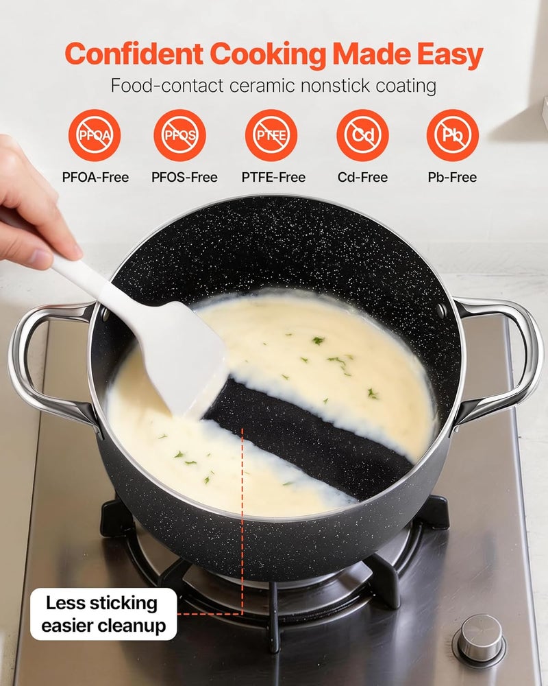 VEVOR Aluminum Stock Pot, 8-Quart Nonstick Ceramic Coated Pot with Glass Lid, PFOA-Free, PFAS-Free, Compatible with Gas Stoves, Induction Cooktops, Electric Stoves, for Soups, Stews, and Pasta - Image 2