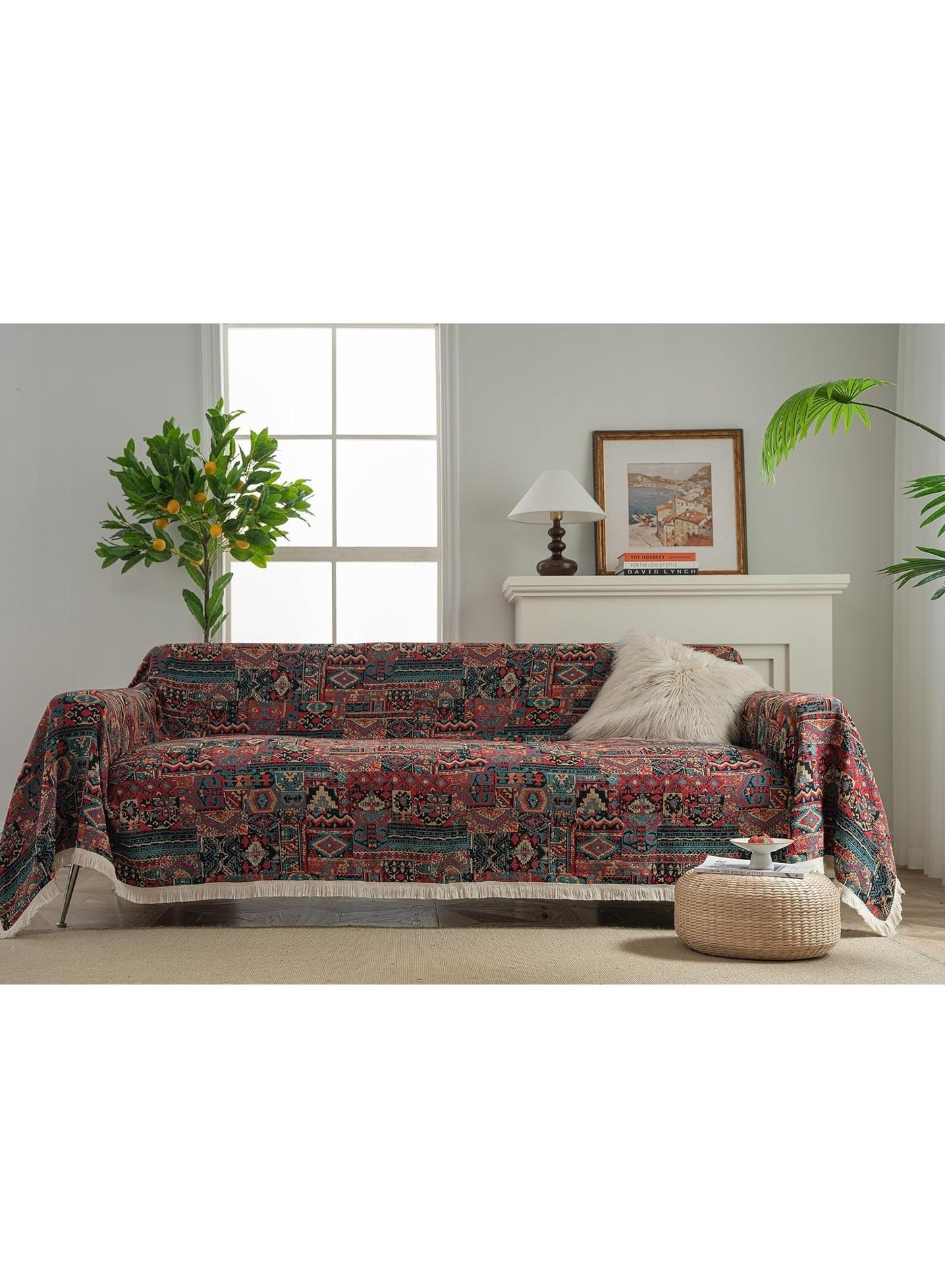 Vintage Jacquard Sofa Covers for Sectional, Loveseat, Futon & L-Shaped Couch - Geometric Pattern, Fringe, Dog-Friendly, Washable - Boho Style