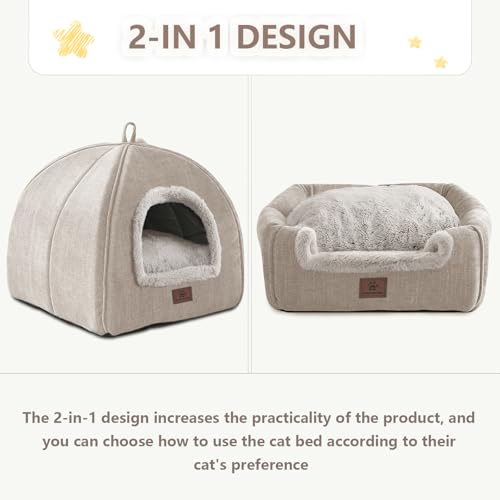 WINDRACING Cat Bed for Indoor Cats Cat Cave Cat House Cats Tent with Removable Washable Cushioned Pillow Soft and Self Kitten beds Large Beige - Image 3