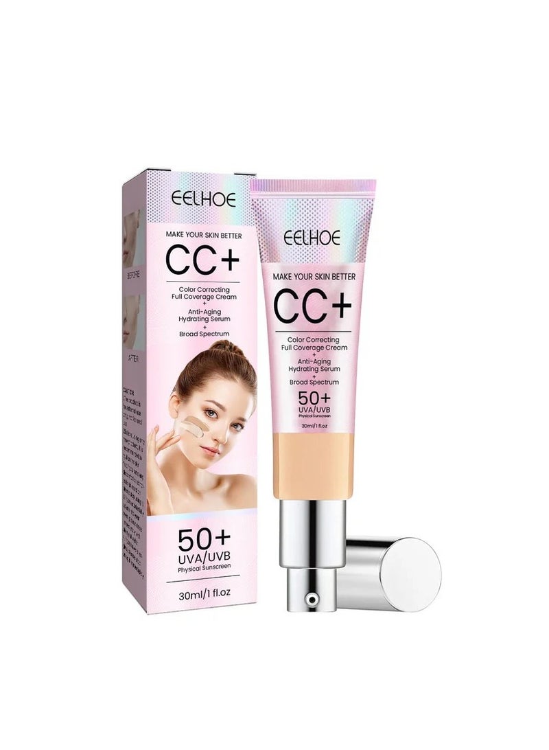إيلهو كريم تصحيح اللون CC+ تغطية كاملة بعامل حماية من أشعة الشمس 50+، كريم أساس CC، سيروم مرطب خفيف الوزن بتغطية كاملة، يتحكم في الزيوت ويرطب البشرة، كريم تصحيح اللون غير اللامع طويل الأمد (خفيف) 30 مل. - Image 1