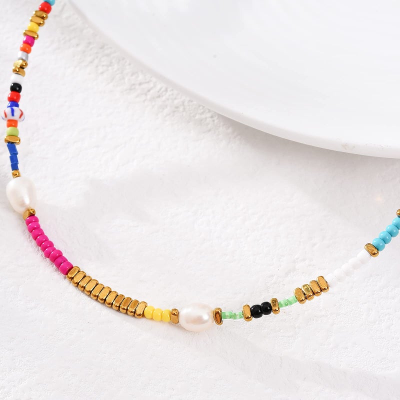 Wellike Freshwater Pearl Beaded Necklace for Women Handmade Boho Colorful Glass Beads Choker Necklace Stainless Steel 18K Gold Plated Bohemian Women Summer Jewelry Gifts (KKWX921AMZ) - Image 5