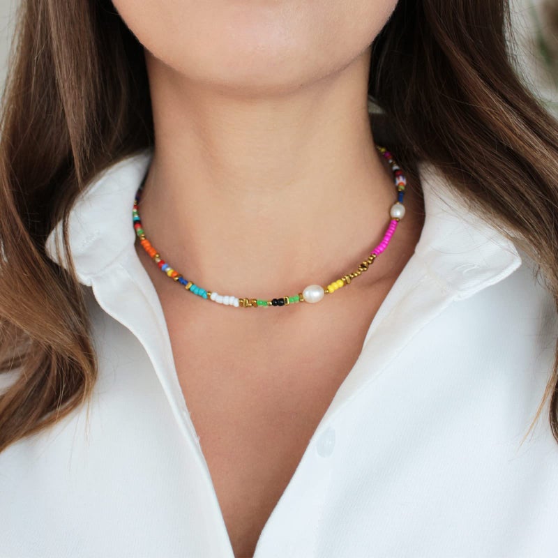 Wellike Freshwater Pearl Beaded Necklace for Women Handmade Boho Colorful Glass Beads Choker Necklace Stainless Steel 18K Gold Plated Bohemian Women Summer Jewelry Gifts (KKWX921AMZ) - Image 3