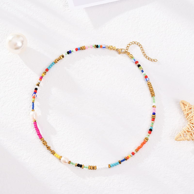 Wellike Freshwater Pearl Beaded Necklace for Women Handmade Boho Colorful Glass Beads Choker Necklace Stainless Steel 18K Gold Plated Bohemian Women Summer Jewelry Gifts (KKWX921AMZ) - Image 4