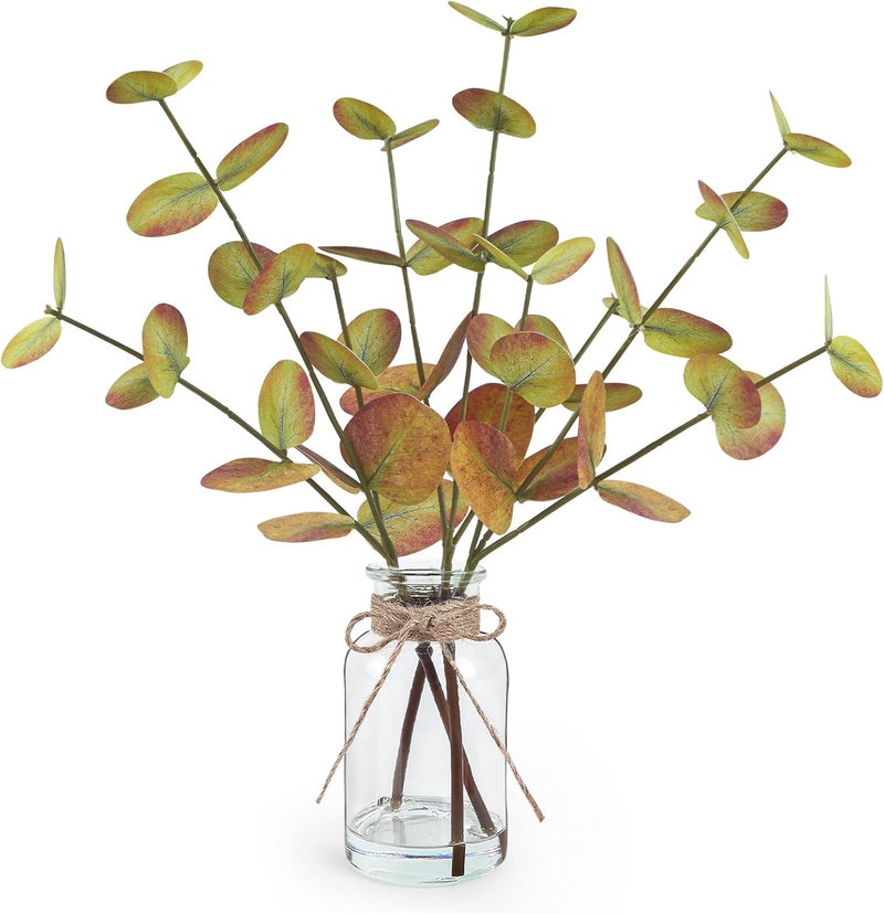 Bessol Fall Fake Eucalyptus Stems in Glass Vase with Faux Water 14" Fake Fall Plants with Artificial Eucalyptus Leaves Fall Decorations for Home Bathroom Desk Coffee Table Centerpiece Office Farmhouse Decor - Image 1