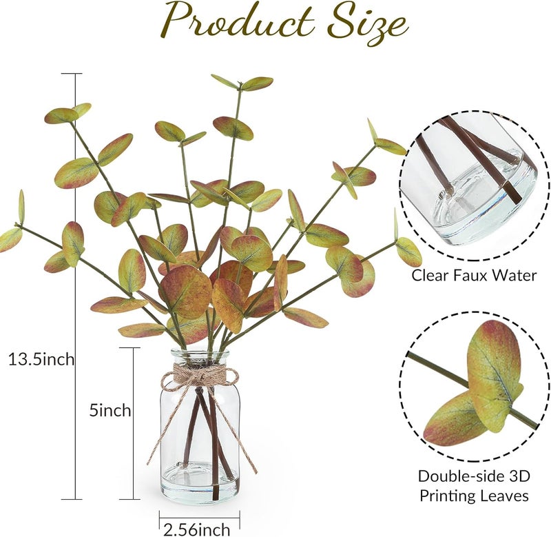 Bessol Fall Fake Eucalyptus Stems in Glass Vase with Faux Water 14" Fake Fall Plants with Artificial Eucalyptus Leaves Fall Decorations for Home Bathroom Desk Coffee Table Centerpiece Office Farmhouse Decor - Image 3