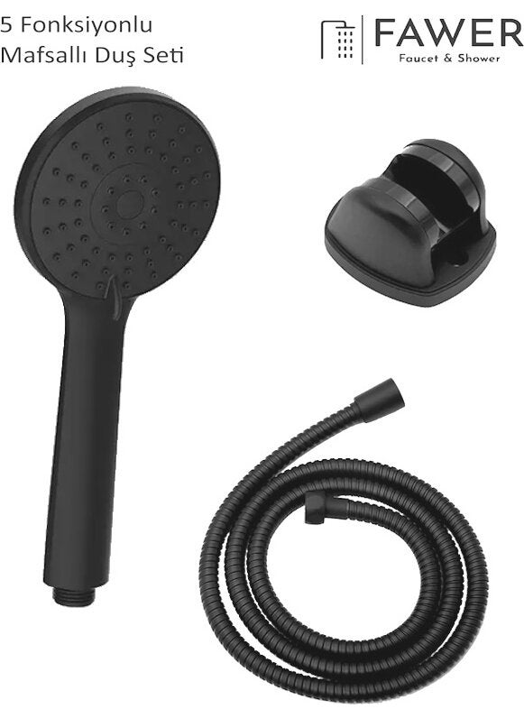 FAWER Faucet & Shower Full Black 5 Function Articulated Shower Set with Braided Hose - 409DB  - Image 1