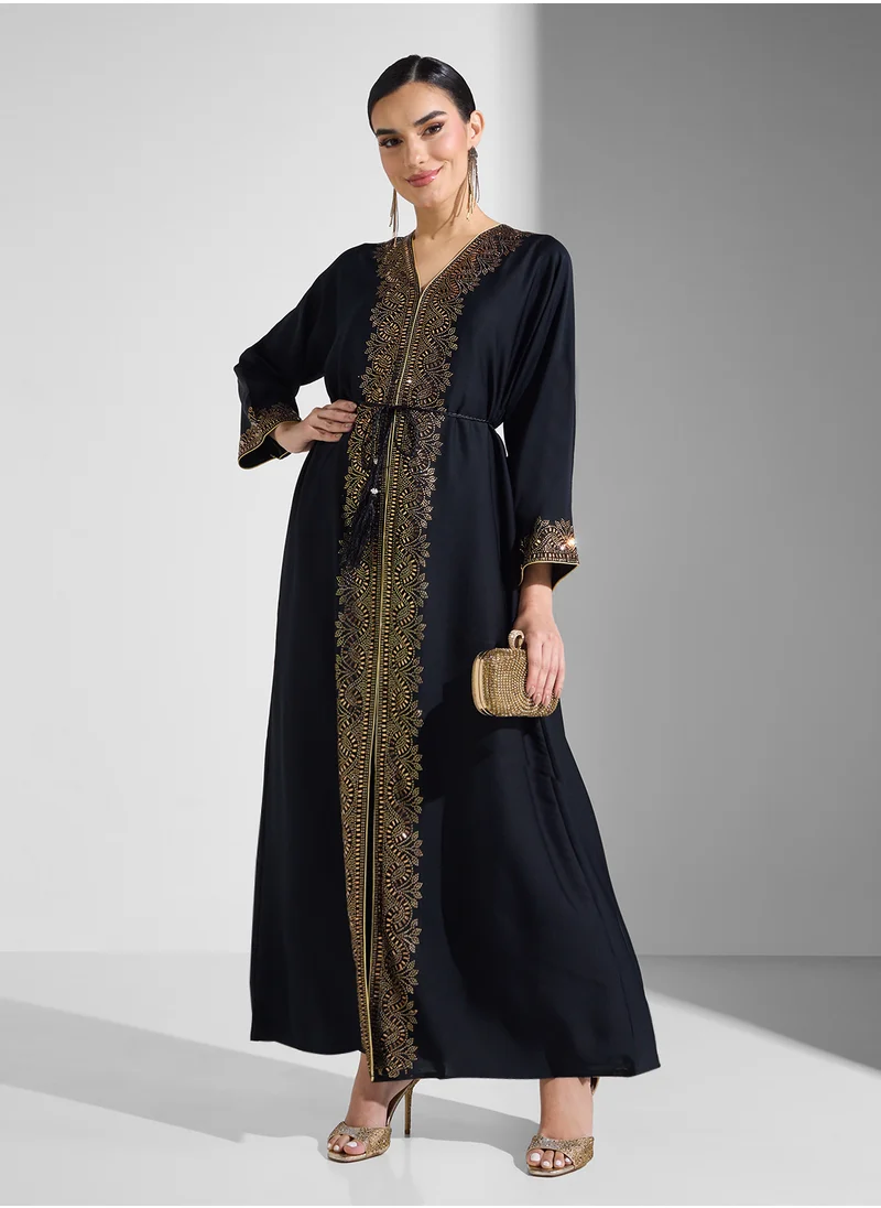 ARABIAN CLOSET Open Embellished Abaya With Belt