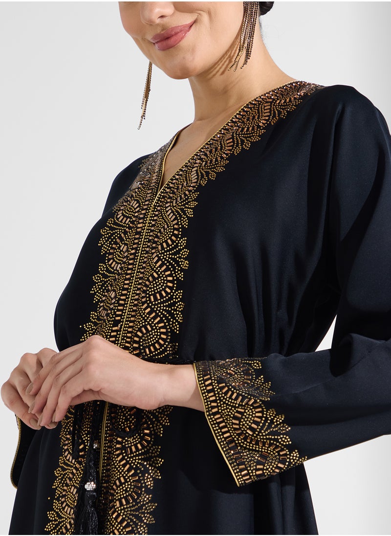 ARABIAN CLOSET Open Embellished Abaya With Belt  - Image 3