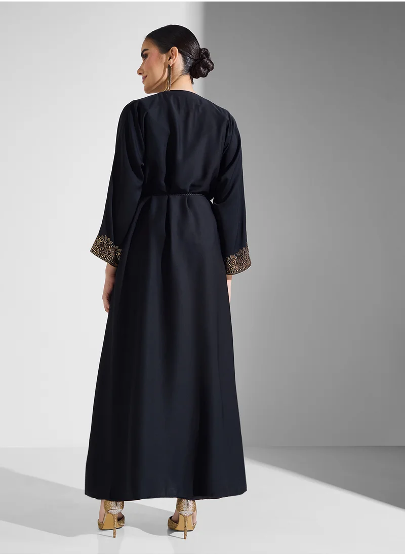 ARABIAN CLOSET Open Embellished Abaya With Belt