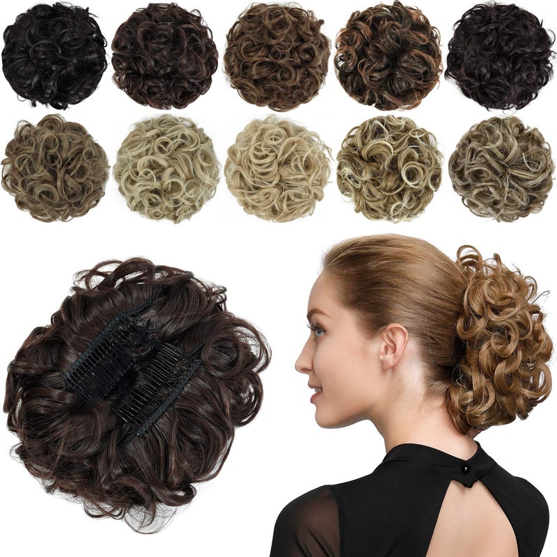 Rose bud Chignon Hairpiece Curly Bun Extensions Scrunchie Updo Synthetic Combs in Messy Bun Hair Piece for Women Medium Brown