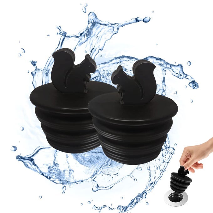 UNIVERSAL BATHTUB PLUG 2 PACK SILICONE TUB STOPPER BLACK SQUIRREL SHAPE FITS KITCHEN BATHROOM SINK DRAINS