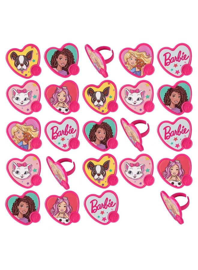 DecoPac Barbie Be The Future Rings, Pink Heart Shaped Cupcake Decorations Featuring Barbie and her Friends For Birthday Party And Celebrations - 24 Pack - Image 1