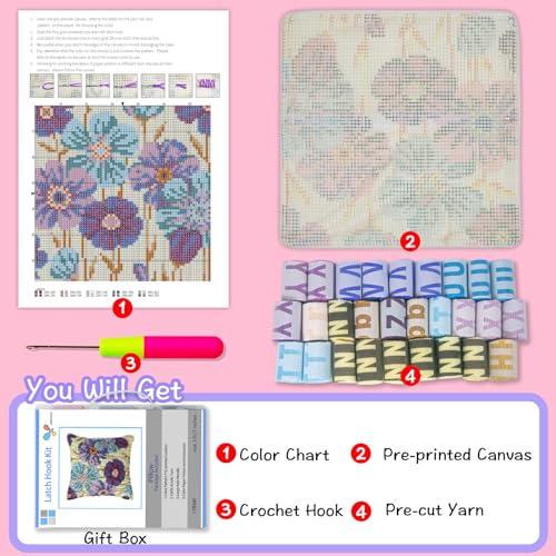 LAPATAIN Latch Hook Kits for DIY Throw Pillow Cover,Purple Flowers Pattern Needlework Cushion Cover Hand Craft Crochet for Great Family 17x17inch - Image 2