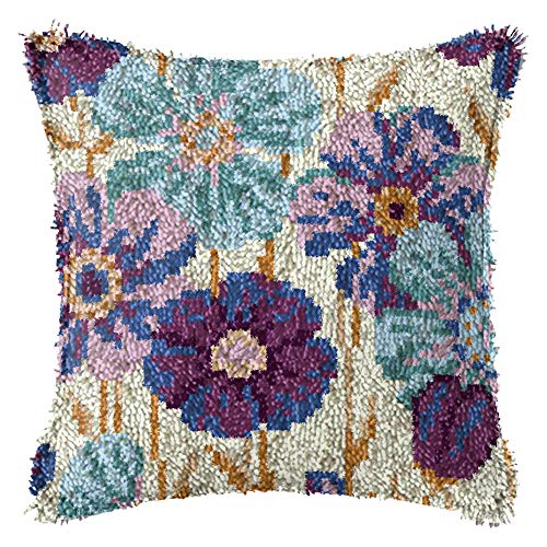 LAPATAIN Latch Hook Kits for DIY Throw Pillow Cover,Purple Flowers Pattern Needlework Cushion Cover Hand Craft Crochet for Great Family 17x17inch - Image 1