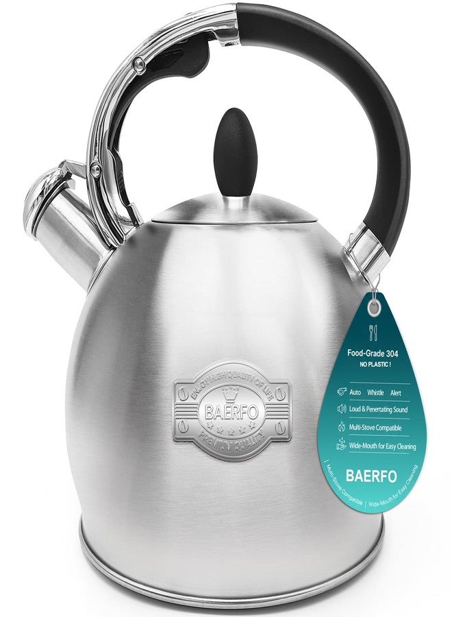BAERFO Tea Kettle, 2.64 Qt Tea Pot Stovetop, Premium 304 Food-Grade Tea Kettle Stovetop, Resounding Sound, Vintage Aesthetics, with Pot Holder (Brushed) - Image 1