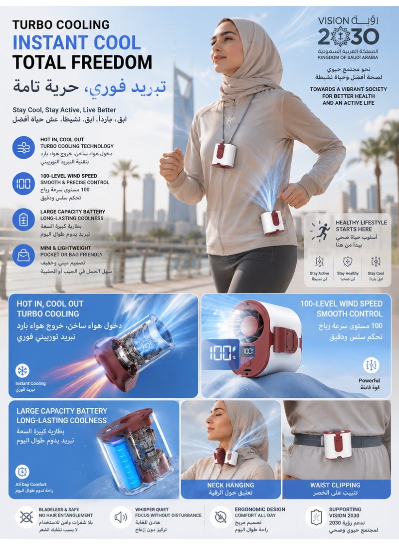 مروحة رقبة محمولة ومروحة خصر 2 في 1 قابلة للارتداء، تدفق هواء قوي 360 درجة بدون استخدام اليدين، شحن USB-C مع عمر بطارية طويل للأماكن الخارجية - Image 4