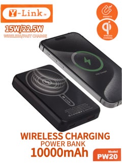 YLinkin 10000mAh Magnetic Wireless Power Bank | 15W Wireless Fast Charge + 22.5W Wired SuperCharge |For iPhone Series Galaxy  iPad AirPods watch and more | Black  - Image 1