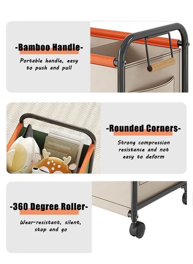 BLOOMING TIME Large-Capacity Trolley Rack, Toy Sundries Storage Basket, Four-Wheeled Widened Movable Storage Cart, Bedroom, Living Room, Office, Cream White - Image 3