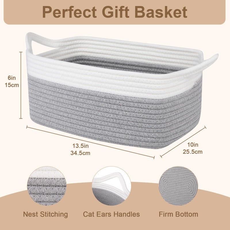 OIAHOMY Woven Basket, Gift Basket Empty with Gift Bags and Ribbons, Rope Baskets for Baby Showers, Storage Baskets with Handles for Nursery, Pet Toy Organizer - Grey & White - Image 2