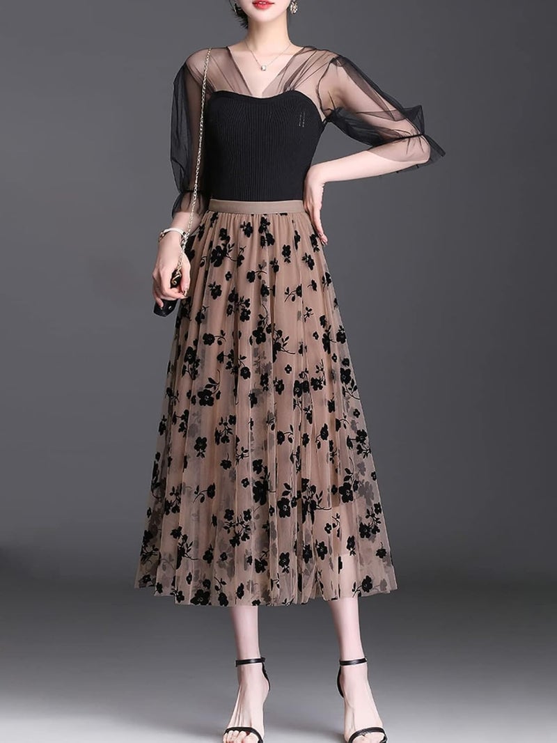Reaowazo Skirts for Women Midi Long Length Dressy Casual Trendy Summer Tulle A-Line Floral High Waist Skirt Khaki 2XL-3XL - Image 3