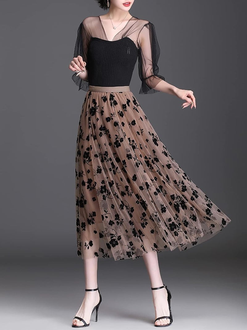 Reaowazo Skirts for Women Midi Long Length Dressy Casual Trendy Summer Tulle A-Line Floral High Waist Skirt Khaki 2XL-3XL - Image 2