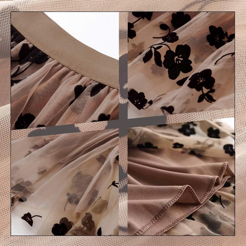 Reaowazo Skirts for Women Midi Long Length Dressy Casual Trendy Summer Tulle A-Line Floral High Waist Skirt Khaki 2XL-3XL - Image 5