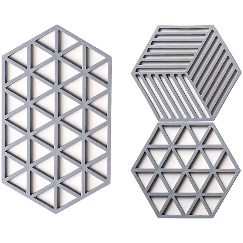 BENCI Large Hexagon Silicone Coasters Set 6.3” & 9.5” Silicone Trivet Mats Kitchen Hot Pads Pot/Pan mat, Big Coasters for Drinks, for Outdoor Table, Hot Dishes, Countertop (Gray Set of 3) - Image 1