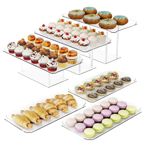 HeiMma 6 Pack Dessert Table Display Set, Clear Acrylic Dessert Display Stands with 3 Pack Dessert Tray Platters Buffet Risers for Pastry Food Fruit Candy Treat for Wedding Birthday Party - Image 1