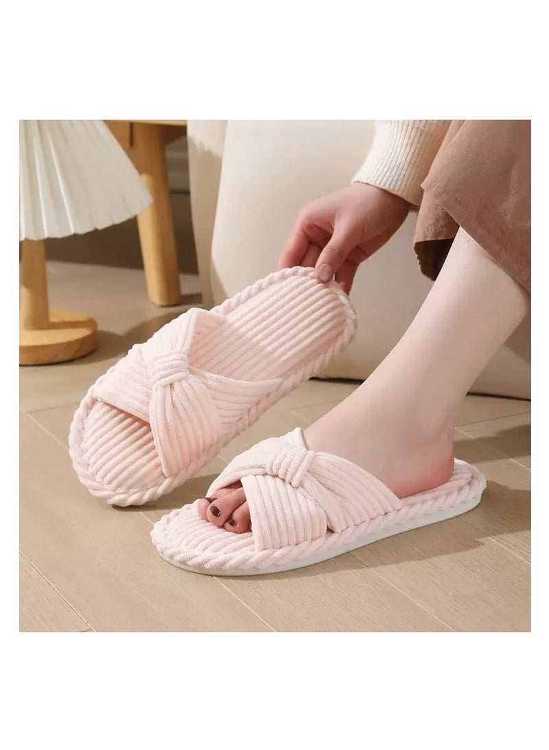 Women Slippers With Memory Foam Open Toe Corduroy Slides For Bedroom and Spa Warm Indoor Slippers - Image 3