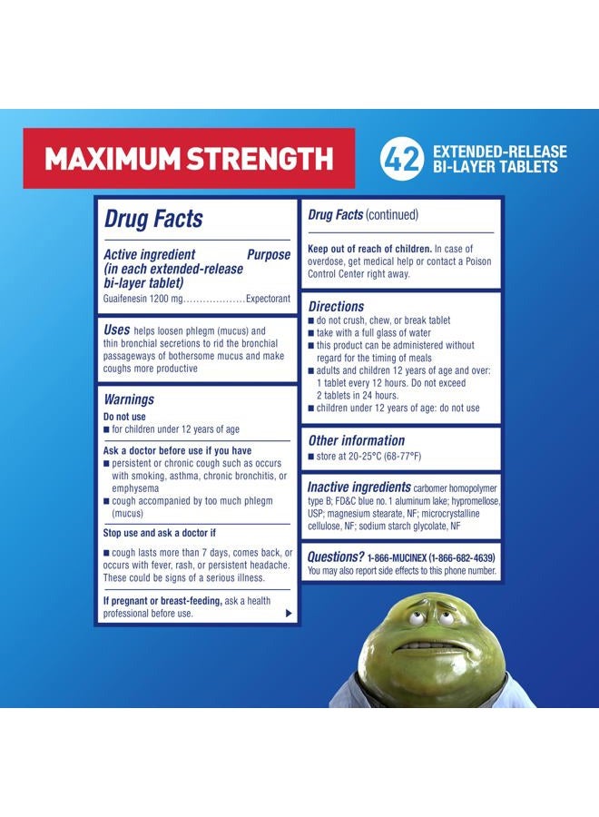 MUCINEX 12 Hour 1200mg Maximum Strength Guaifenesin Chest Congestion & Mucus Relief, Guaifenesin Expectorant Aids Mucus Removal, Chest Decongestant for Adults, Dr Recommended, 42ct Tablets - Image 2