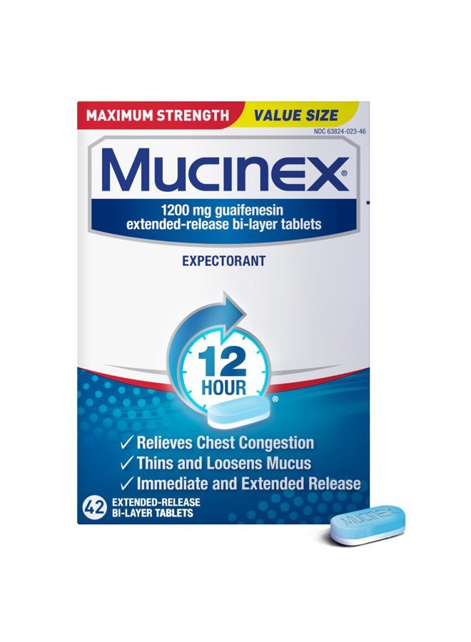 MUCINEX 12 Hour 1200mg Maximum Strength Guaifenesin Chest Congestion & Mucus Relief, Guaifenesin Expectorant Aids Mucus Removal, Chest Decongestant for Adults, Dr Recommended, 42ct Tablets - Image 1