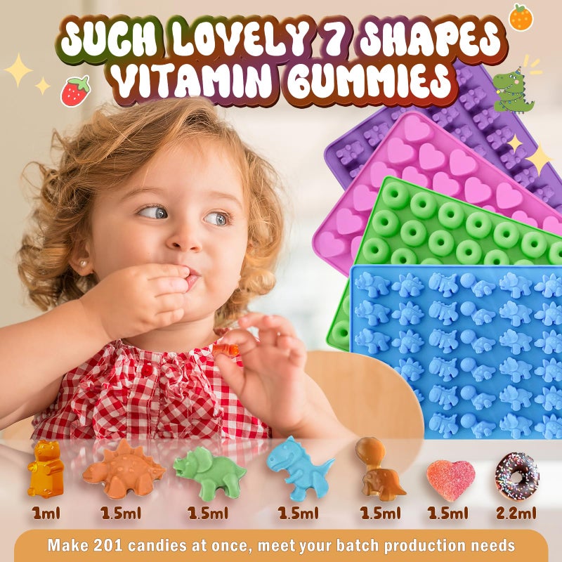 HKNMTT Gummy Bear Molds Silicone Mini Size, Non-stick Chocolate Candy Gummy Mould for Kid with 2 Droppers Including Dinosaur, Bear, Hearts and Donut Shape 201 Cavities - Image 5