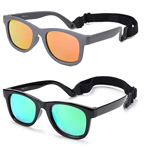 COASION 2 Pack Bendable Flexible Polarized Newborn Baby Sunglasses with Strap for Infant Boys Girls Age 0-12 Months (Black/Green Mirror+Brown/Orange Mirror) - Image 1