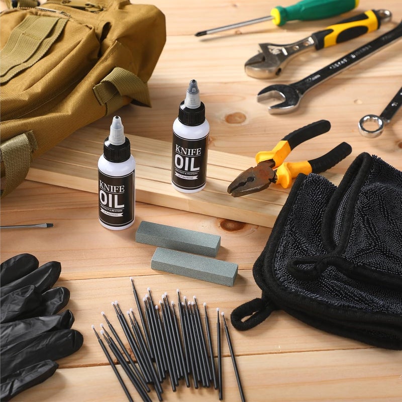LemonRoad 108 Pcs Knife Oil Rust Eraser Kit Includes Rust Remover Sword Maintenance Oil Microfiber Cloth Black Gloves Cotton Swabs for Carbon Steel Blade, Cleaning, Protection and Lubricant Care Set - Image 5