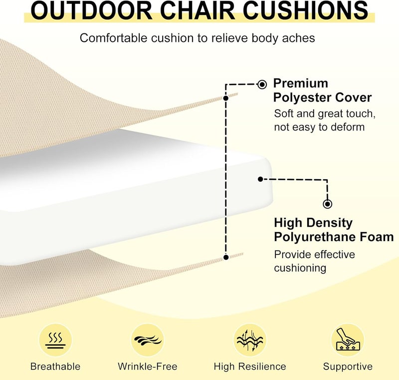 downluxe Outdoor Chair Cushions Set of 4 for Patio Furniture, Water-Resistant Square Corner Patio Chair Cushions with Ties, High Density Foam Outdoor Seat Cushion, 18.5" X 16" X 3", Beige - Image 2