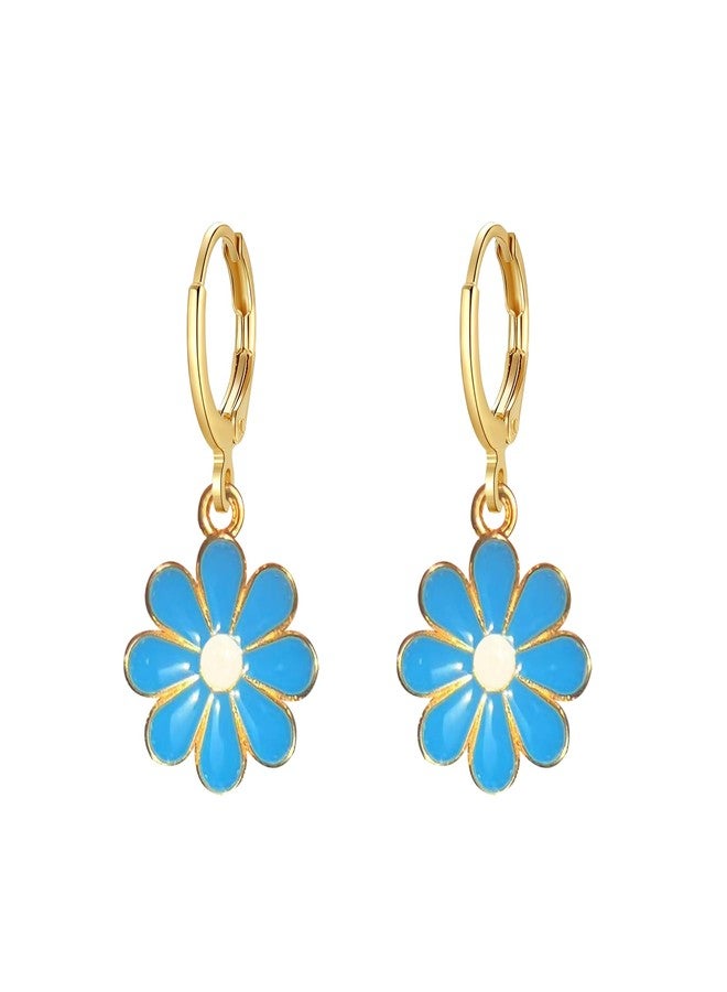 أقراط هاجيا المطلية بالمينا على شكل زهرة الأقحوان للنساء، أقراط متدلية لطيفة وبسيطة على شكل زهرة عباد الشمس، مجوهرات صيفية (أزرق) - Image 1