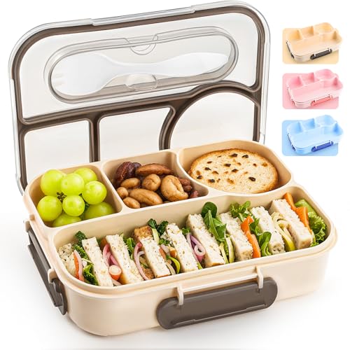EASYFUN Bento Box Adult Lunch Box 4Compartment Lunch Containers DropProof Dishwasher Safe Made with BPAFree MaterialsKhaki