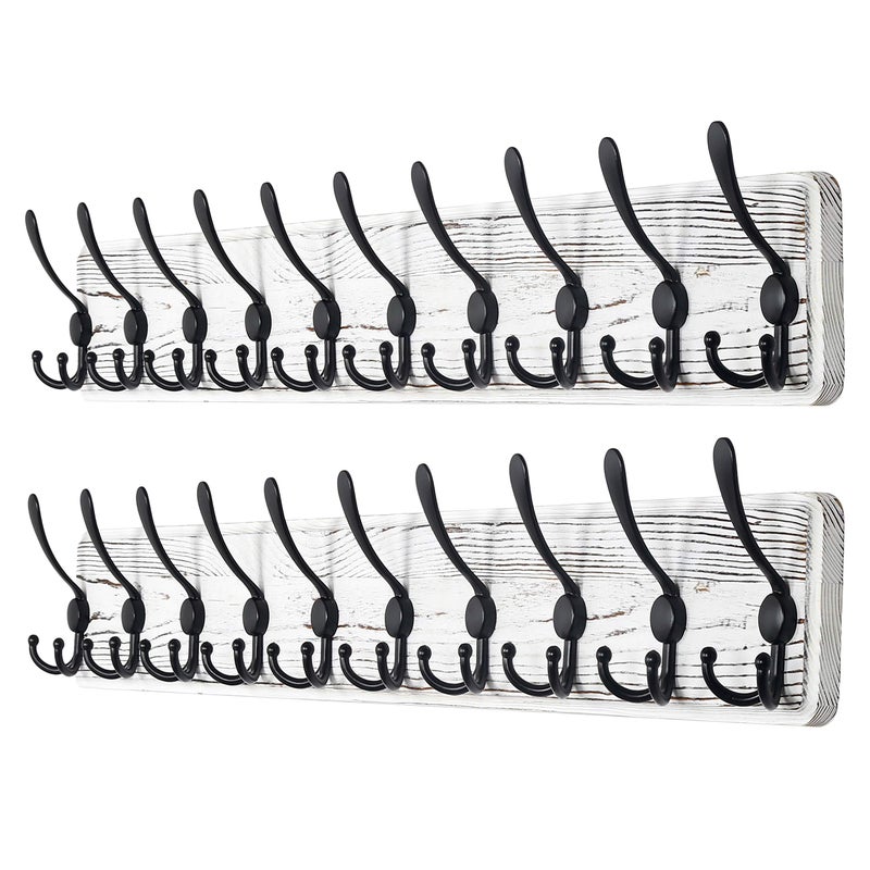 Dseap Coat Rack Wall Mounted 10 Tri Hooks 3814 Long Heavy Duty Wooden Wall Coat Hanger Coat Hook for Clothes Hat Jacket Clothing White Black Pack of 2