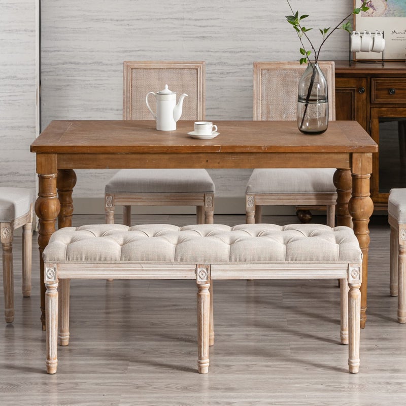 chairus Fabric Upholstered Dining Bench  Classic Entryway Ottoman Bench Bedroom Bench with Rustic Wood Legs  Beige