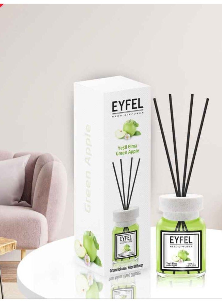 Eyfel Reed Diffuser with 4 Sticks 120 ML Vial Glass Bottle with Ceramic Lid for Home Fragrances Living Room Office Décor Scented Diffusers from Turkey (GREEN APPLE)  - Image 1