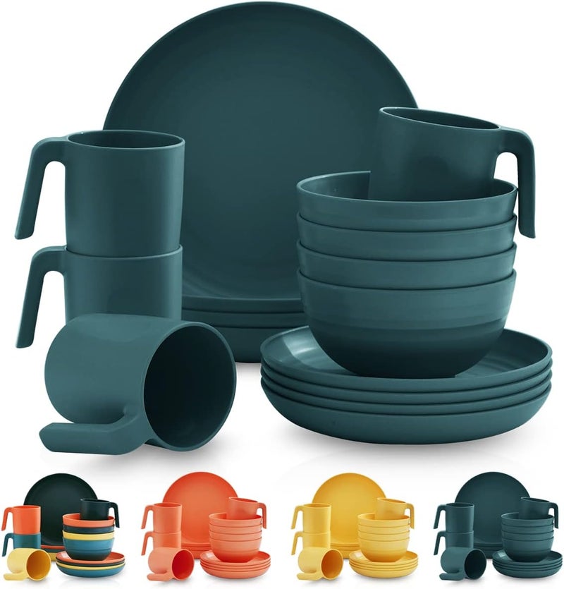 Kyraton Plastic Dinnerware Set of 16 Pieces, Unbreakable and Reusable Light Weight Plates Mugs Bowls Dishes Easy to Carry and Clean Microwave Safe BPA Free Dishwasher Safe Service for 4 (Dark Green) - Image 1