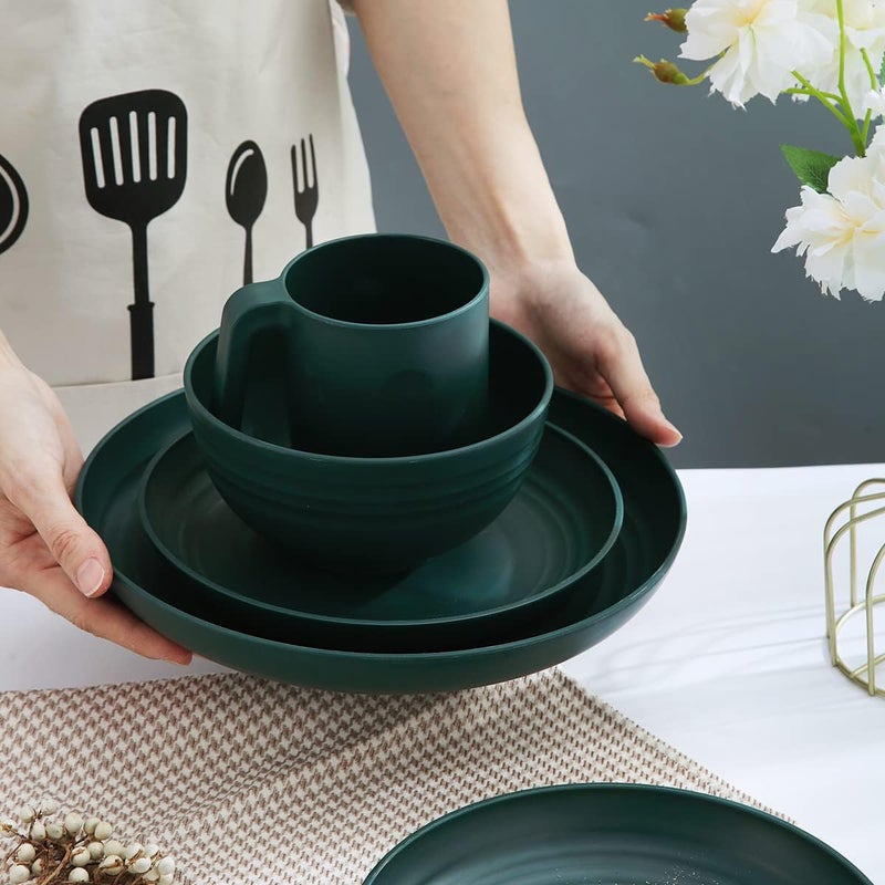 Kyraton Plastic Dinnerware Set of 16 Pieces, Unbreakable and Reusable Light Weight Plates Mugs Bowls Dishes Easy to Carry and Clean Microwave Safe BPA Free Dishwasher Safe Service for 4 (Dark Green) - Image 4