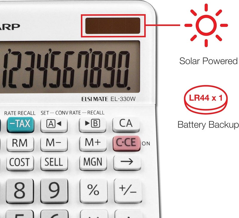 SHARP EL-330WB Standard Function Basic Desktop Calculator, Large Display, for Home and Office, Dual Power, Solar and Battery… - Image 4