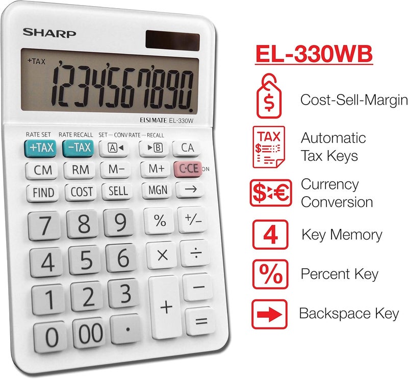 SHARP EL-330WB Standard Function Basic Desktop Calculator, Large Display, for Home and Office, Dual Power, Solar and Battery… - Image 2