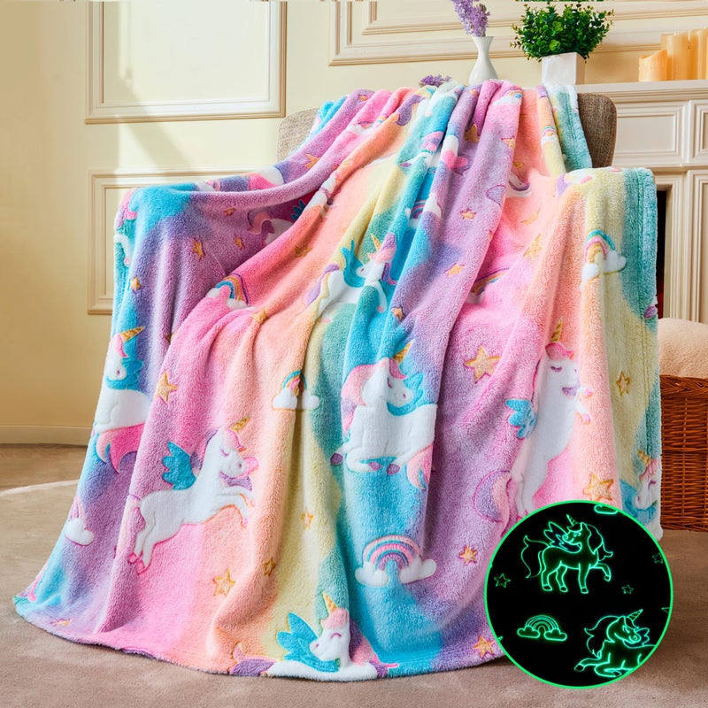 Joiedomi Glow in The Dark Blanket Unicorns Gifts Toys for Girls Age 2 3 4 5 6 7 8 9 10 11 12 Year Old Soft Cozy Flannel Kids Throw Blanket Birthday Bedroom Decor 5060