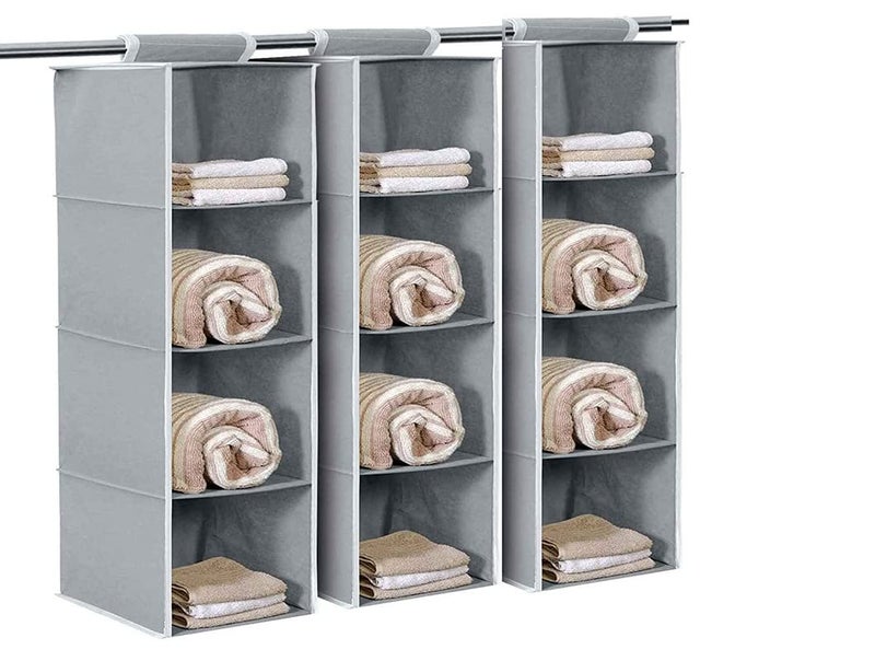 ACORMEK Closet Hanging Organizer 4 Tier Closet Wardrobe Organizer Clothes Storage Non Woven Closet Cloth Organizer Pack of 3 Grey - Image 1
