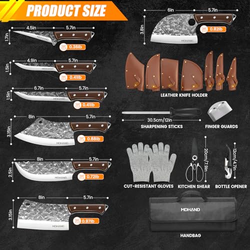 MDHAND Butcher Knife Set, 14PCS Hand Forged Butcher Chef Knife Set with Roll Bag, Heavy Duty Meat Cleaver, Fillet Knives, Meat Cutting Knife for Home Kitchen & Camping BBQ, Gifts for Men Women - Image 4