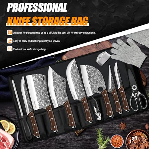 MDHAND Butcher Knife Set, 14PCS Hand Forged Butcher Chef Knife Set with Roll Bag, Heavy Duty Meat Cleaver, Fillet Knives, Meat Cutting Knife for Home Kitchen & Camping BBQ, Gifts for Men Women - Image 2