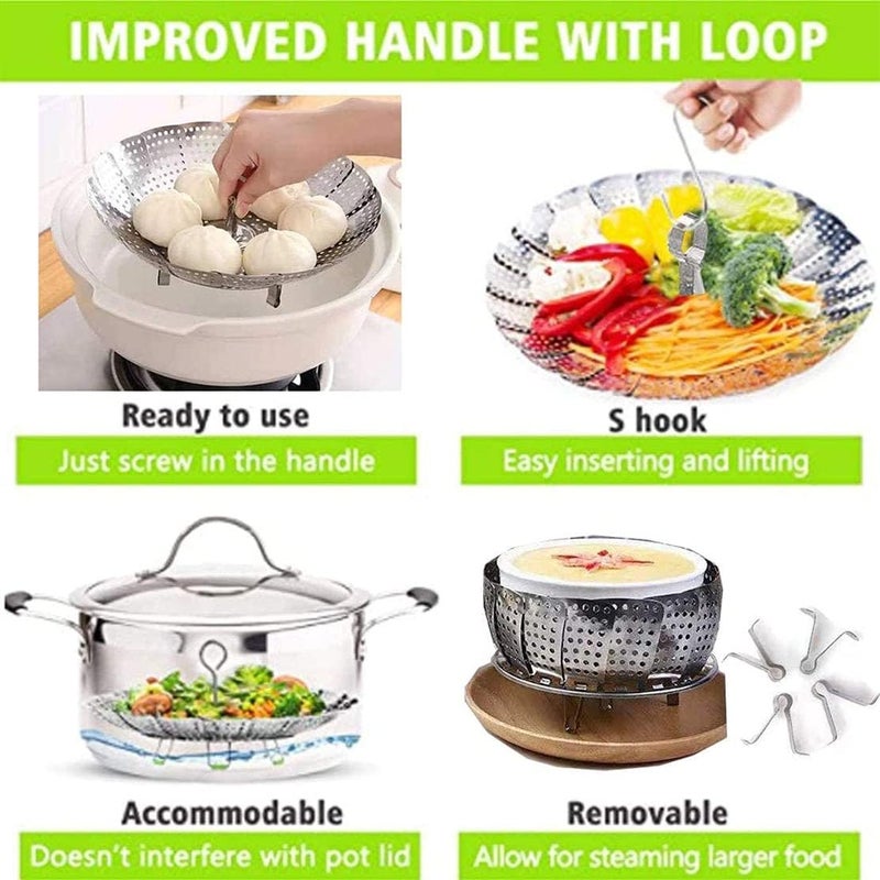 YAJU MART "Stainless Steel Vegetable Steamer Basket - Foldable & Expandable, Fits Different Pot Sizes, Ideal for Veggies & Seafood" - Image 3